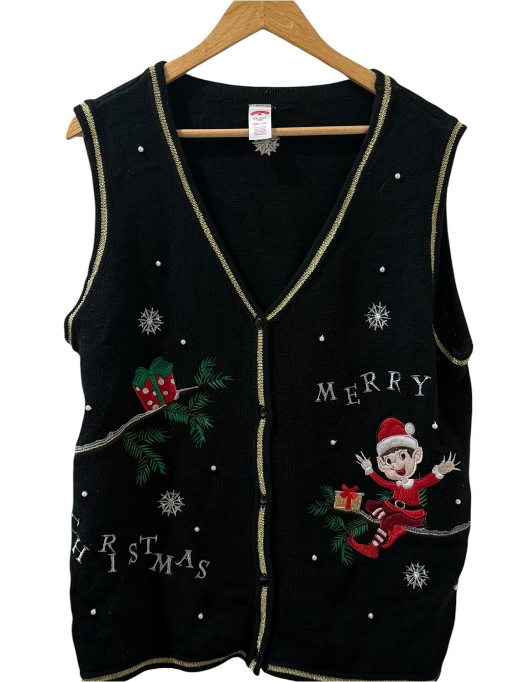 Holiday Time Ugly Christmas Sweater Vest Elf Embroidered Black XXL 20